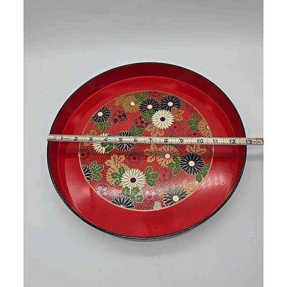 Vintage Round Red Lacquer Plastic Serving Tray Boho Flowers - Picture 6 of 11